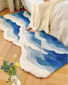 Coastal Bedroom with Wave Pattern Rug