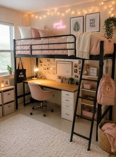 Loft Bed Dorm with Neon Good Vibes