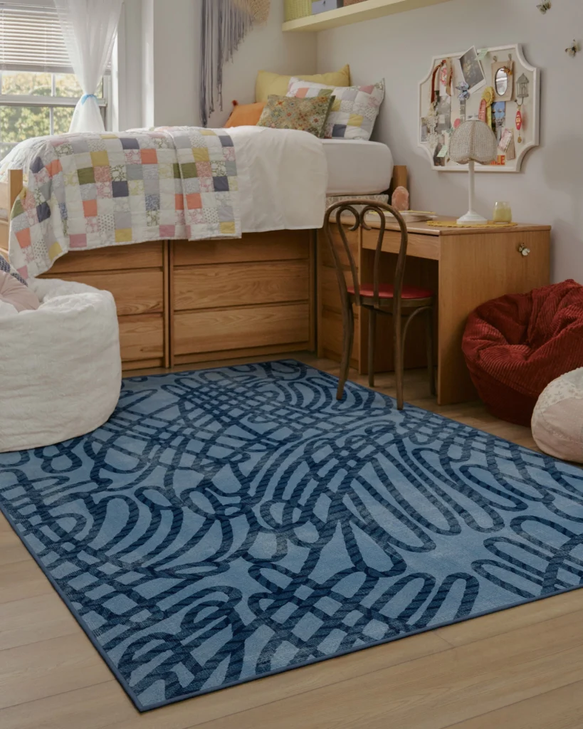  Cottagecore Dorm with Abstract Blue Rug