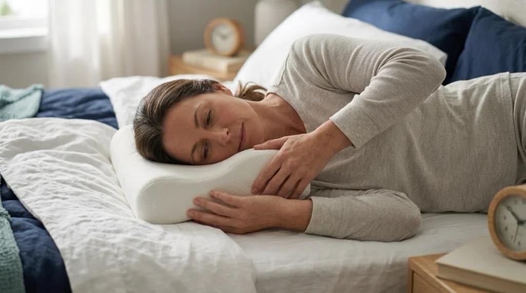 Side sleeper using a neck pillow that fills the shoulder-to-head gap for neutral alignment.