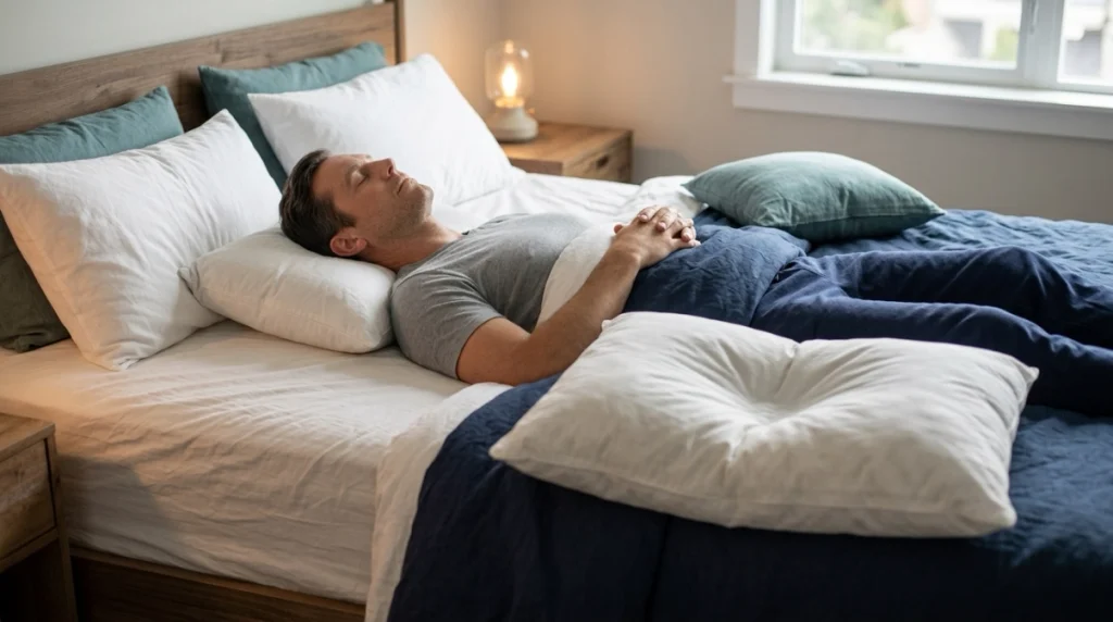 Sleeper using medium-firm pillow while a soft pillow shows deep compression