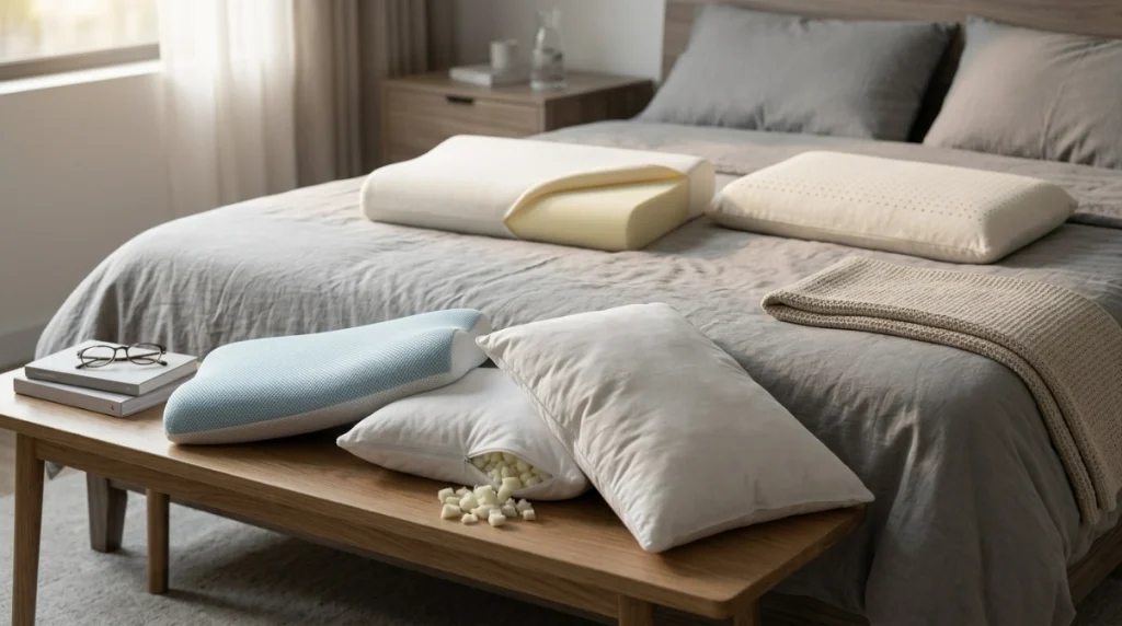 Memory foam, gel, latex, shredded fill, and soft neck pillow materials compared on a bed