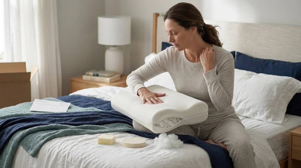 Person testing neck pillow height, firmness, and adjustable fill before choosing a pillow.