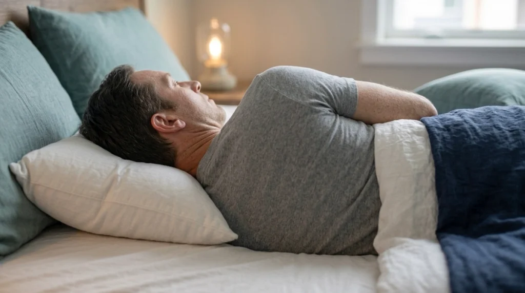 Side sleeper with shoulders on mattress and pillow supporting only head and neck