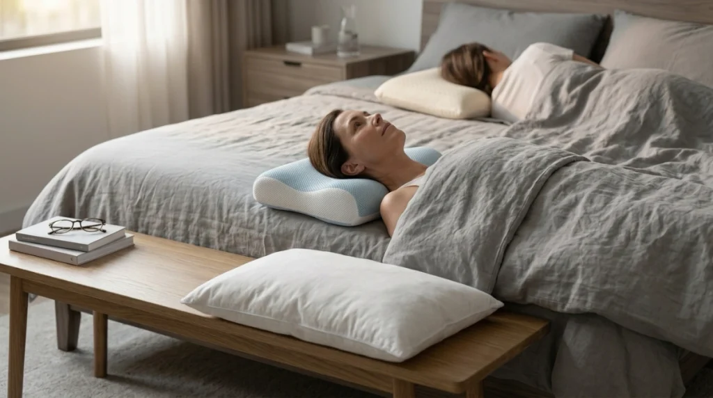 Back sleeper resting on a cervical pillow with side and stomach sleeping alternatives shown
