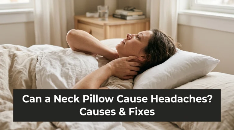 Sleeper experiencing morning neck discomfort from improper neck pillow alignment