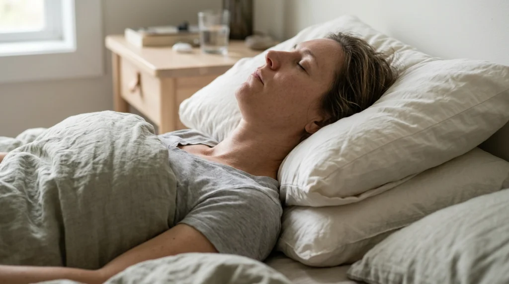 Back sleeper with chin pushed forward by a neck pillow that is too high