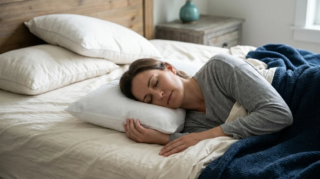 Side sleeper using one correctly fitted pillow to maintain comfortable head and neck alignment