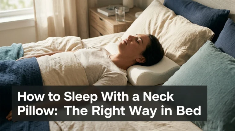 Adult correctly sleeping with a neck pillow in bed with neutral head and neck alignment.