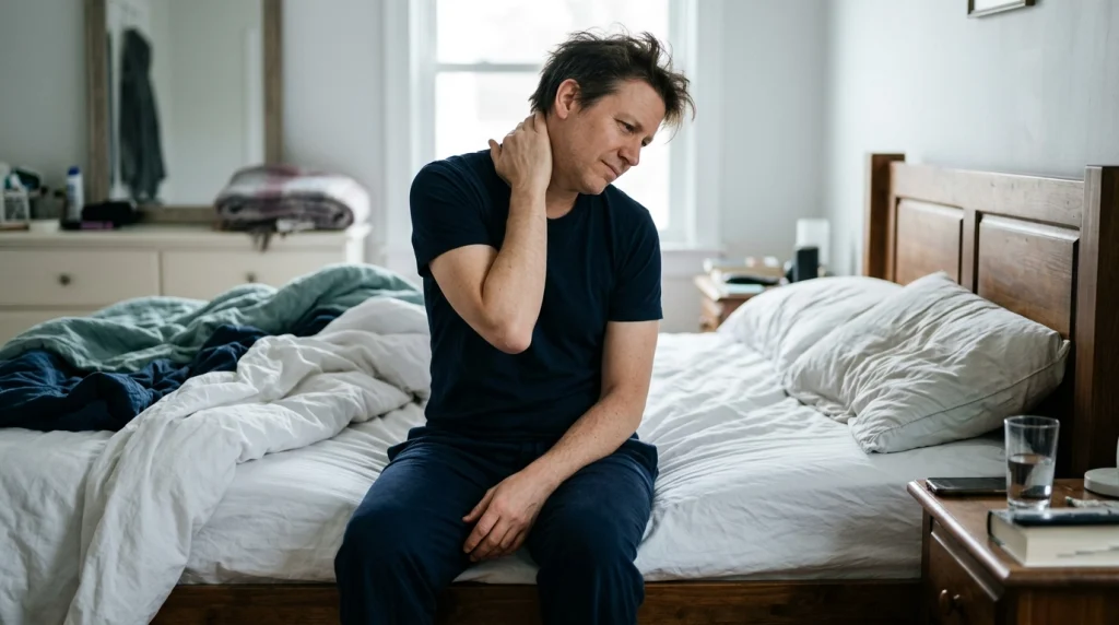 Adult checking neck movement after waking beside an indented pillow in a natural bedroom.