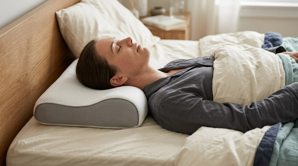 Back sleeper using a cervical neck pillow with relaxed shoulders and neutral head alignment.