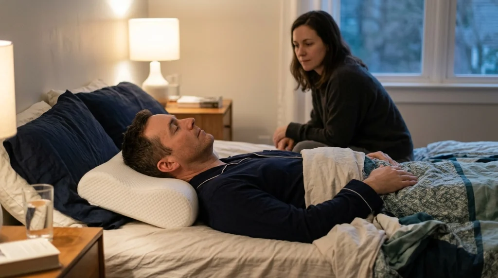 Sleeper beside a flattened pillow after waking with morning neck stiffness