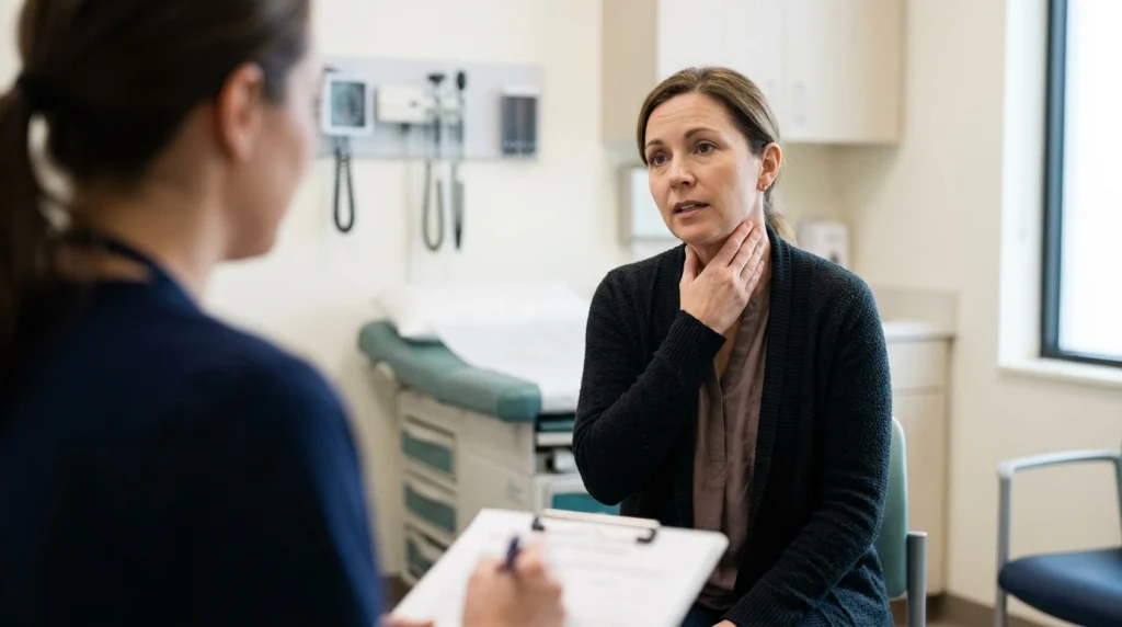 Adult discussing persistent neck pain and warning symptoms with a healthcare professional