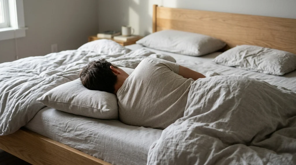 Side sleeper using medium-firm pillow to keep head aligned with spine