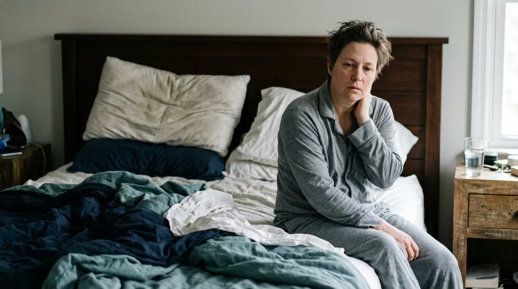 Adult testing a cervical pillow in normal sleep position while head and neck alignment is checked