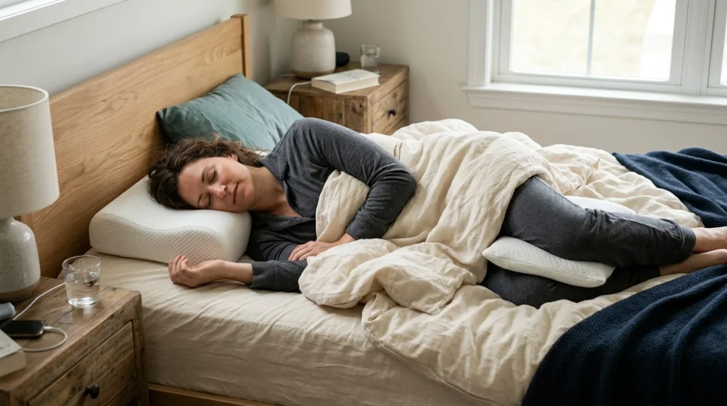Side sleeper using a cervical pillow to keep the head level with the spine.