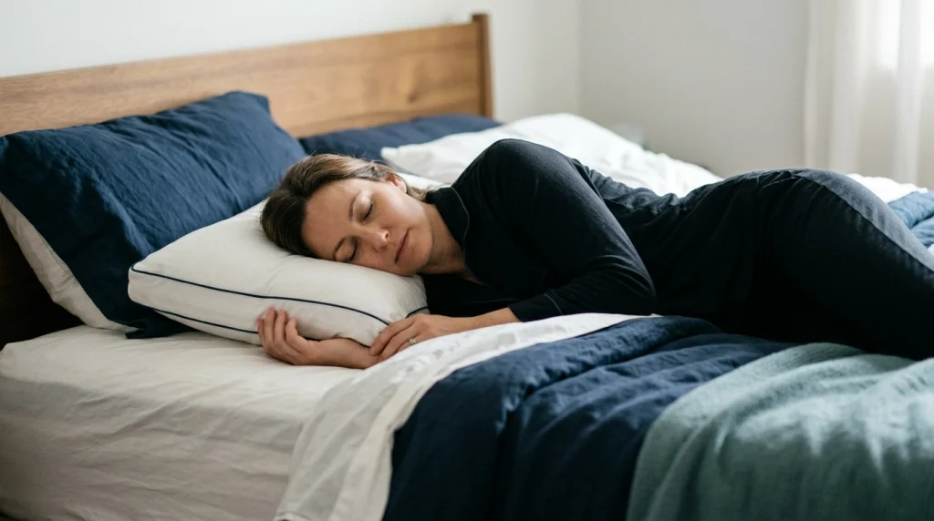 Side sleeper using enough pillow support to keep the head level with the spine.