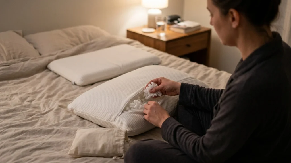 Adult removing pillow fill before bed to adjust neck support and reduce morning discomfort
