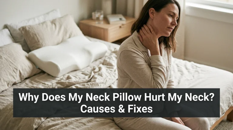 Adult waking with neck soreness after sleeping on a poorly fitted cervical neck pillow