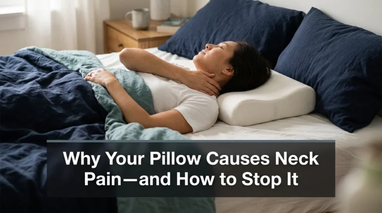 Adult waking with neck discomfort while resting on a supportive pillow in a softly lit bedroom.