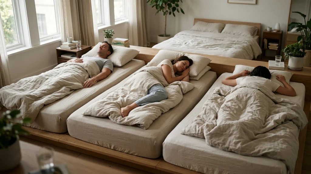 Back, side, and stomach sleepers demonstrating different neck pillow heights and support needs.