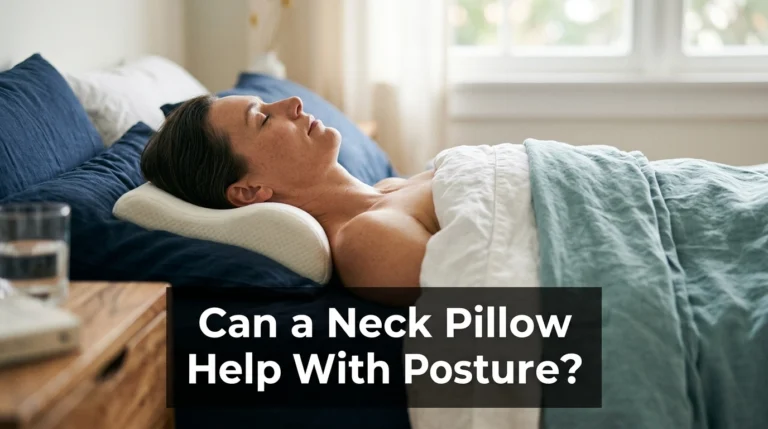 Adult using a neck pillow to support neutral sleeping posture and head-neck alignment