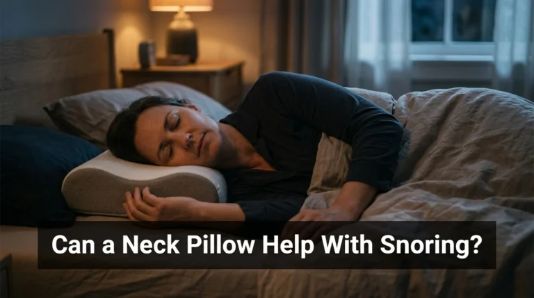 Side sleeper using a supportive neck pillow to improve sleeping position and potentially reduce snoring.