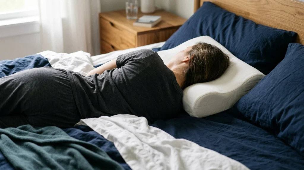  Side sleeper using a cervical pillow that keeps the head and neck level.