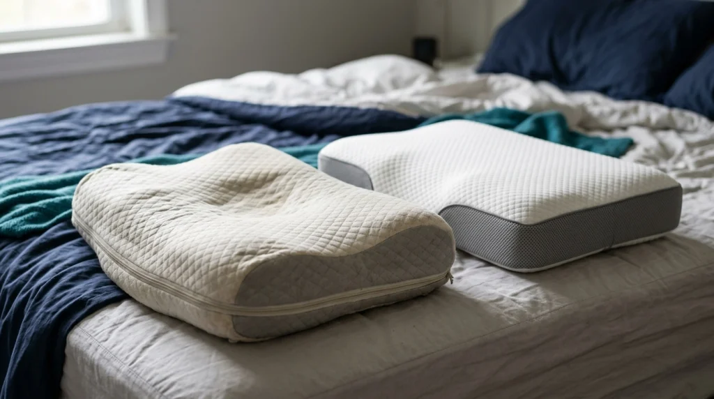 Worn cervical pillow showing flattening beside a newer pillow with firmer support.