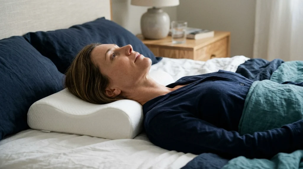 Side view of adult checking neck pillow height, head angle and neck support in bed