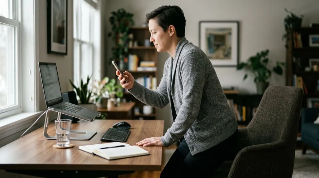 Home office setup with eye-level screen and relaxed posture to help prevent stiff neck
