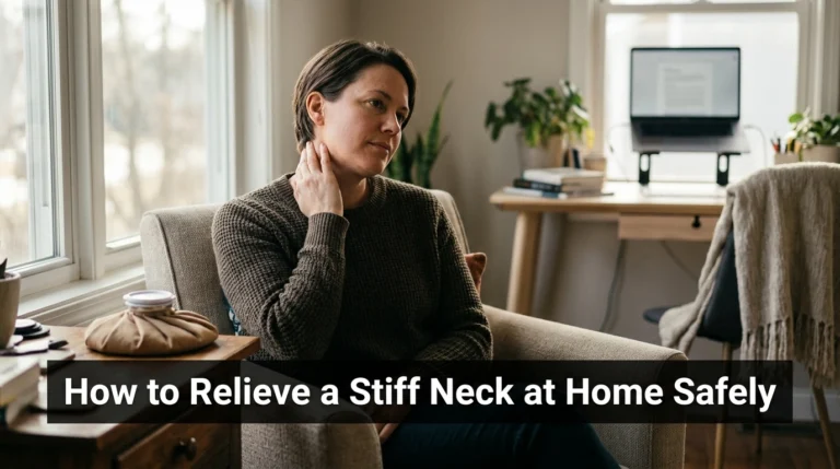 Adult using gentle home care to relieve a stiff neck safely