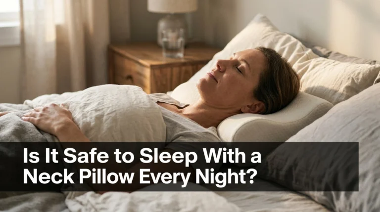 Adult sleeping comfortably with a supportive neck pillow while maintaining natural head and neck alignment.