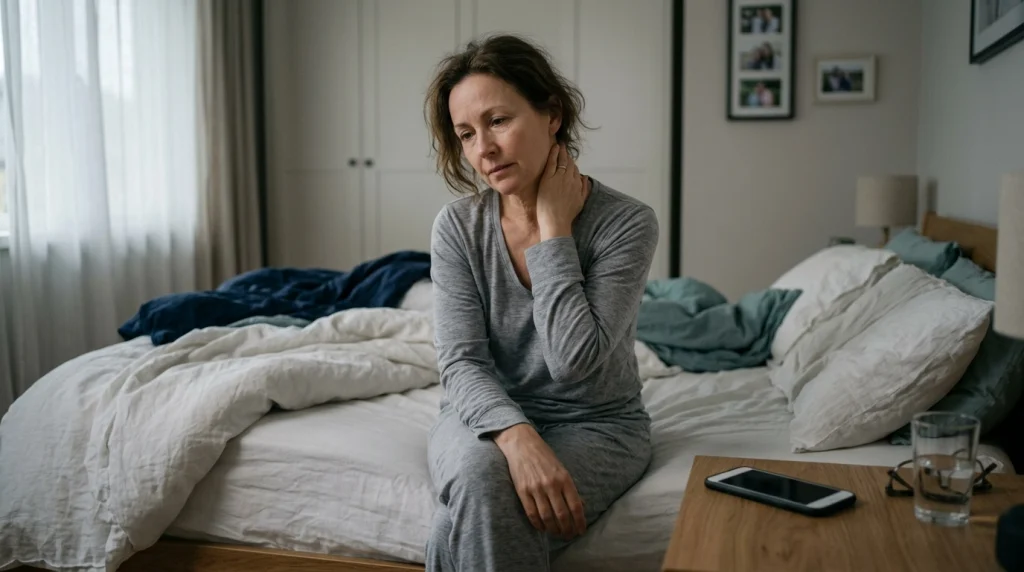 Adult with persistent neck discomfort considering medical help instead of only changing sleep position.