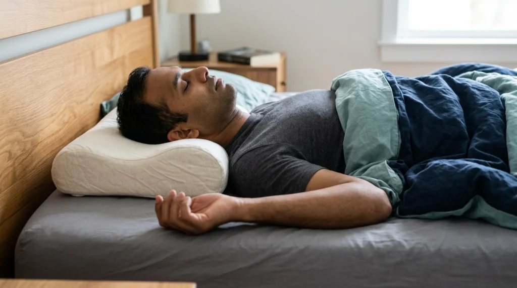 Side sleeper using a properly sized neck pillow to maintain natural head-neck alignment
