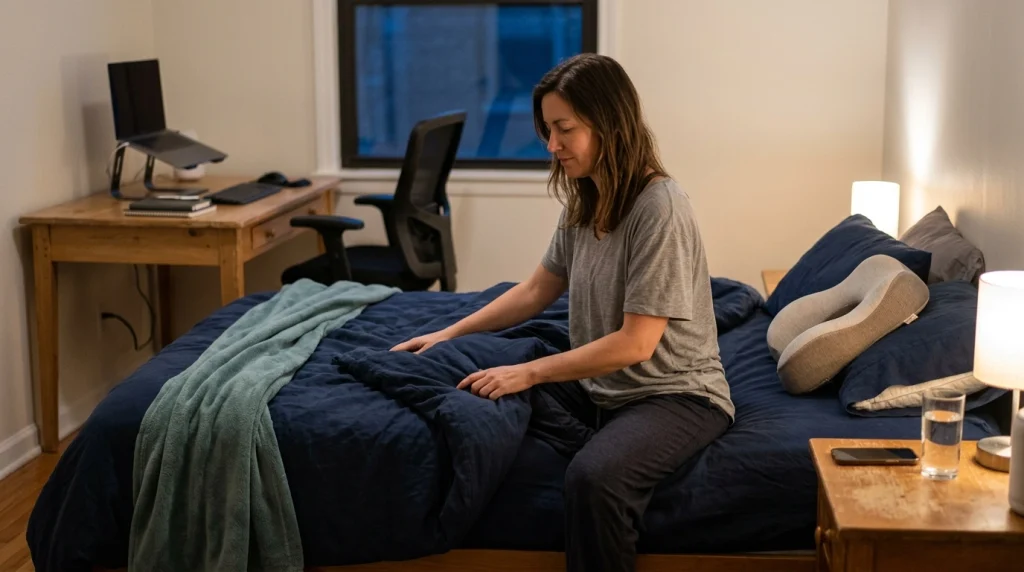 Bedroom and desk setup showing neck pillow support combined with better daytime posture habits