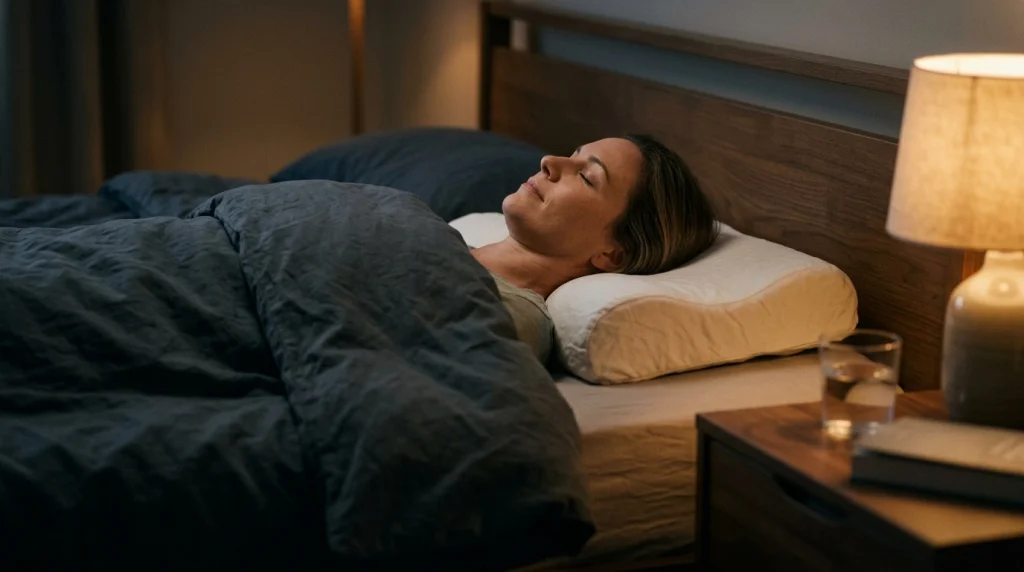Adult comfortably using a cervical pillow at night without needing scheduled breaks from nightly use.