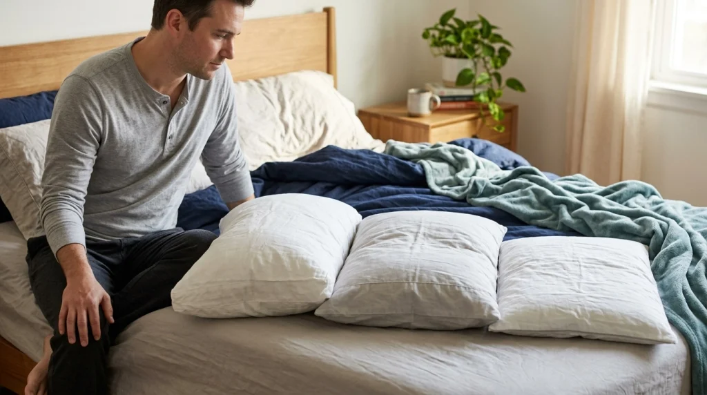 Adult comparing pillow heights for side, back, and stomach sleeping with neck pain.