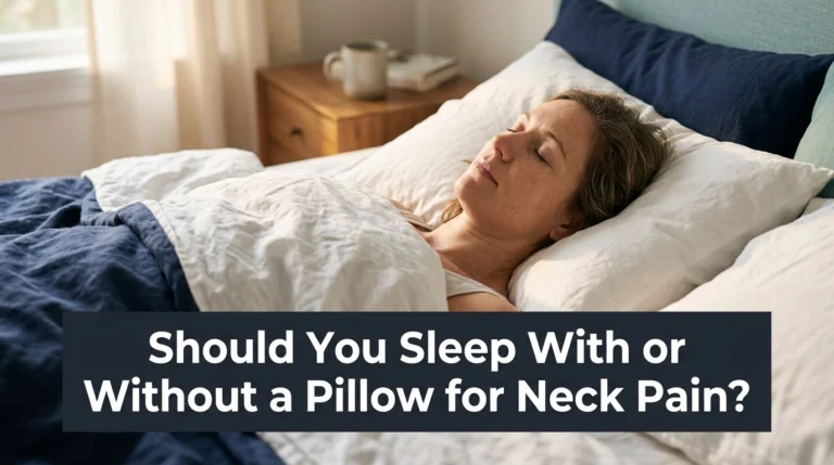 Adult sleeping with supportive pillow for neck pain and neutral neck alignment.
