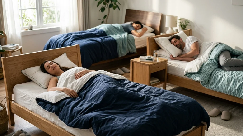Back, side, and stomach sleepers using different pillow heights for neck support.