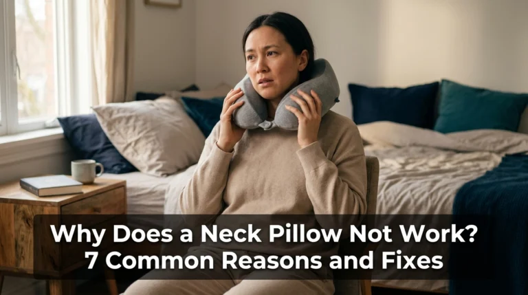 Adult checking neck pillow fit beside a bed for common neck pillow problems