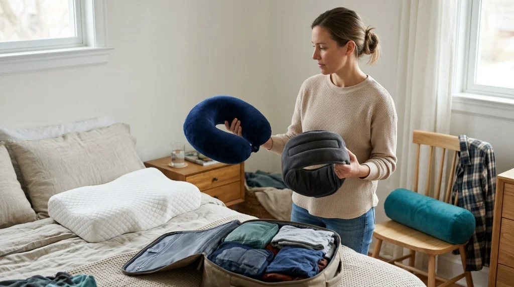 U-shaped, cervical, neck roll and wrap-style pillows shown for different support needs